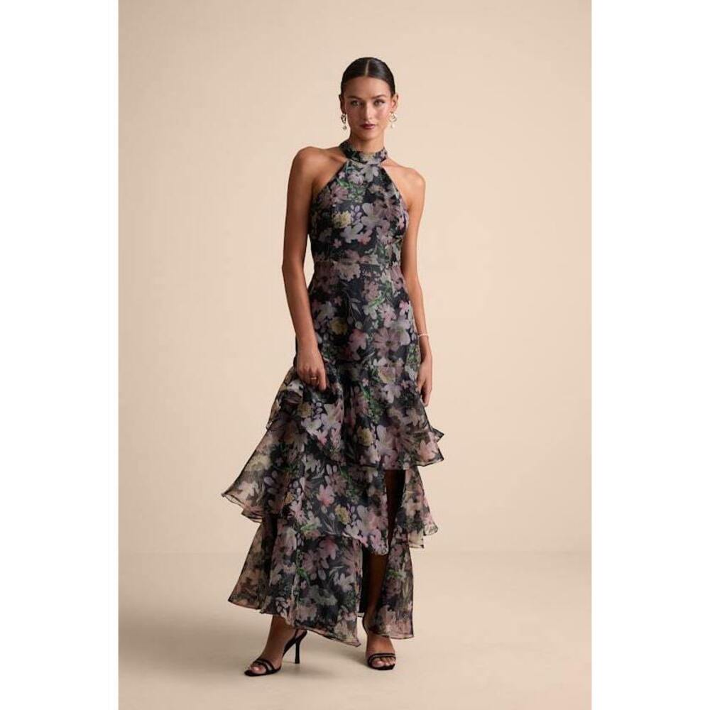 Lulus Forever Exceptional Black Floral Halter Organza Maxi Dress - Size L